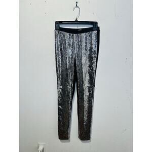 JENNI KAYNE Silver Sparkle Sequin Black Fitted Slim Pants Disco NYE Pants sz S
